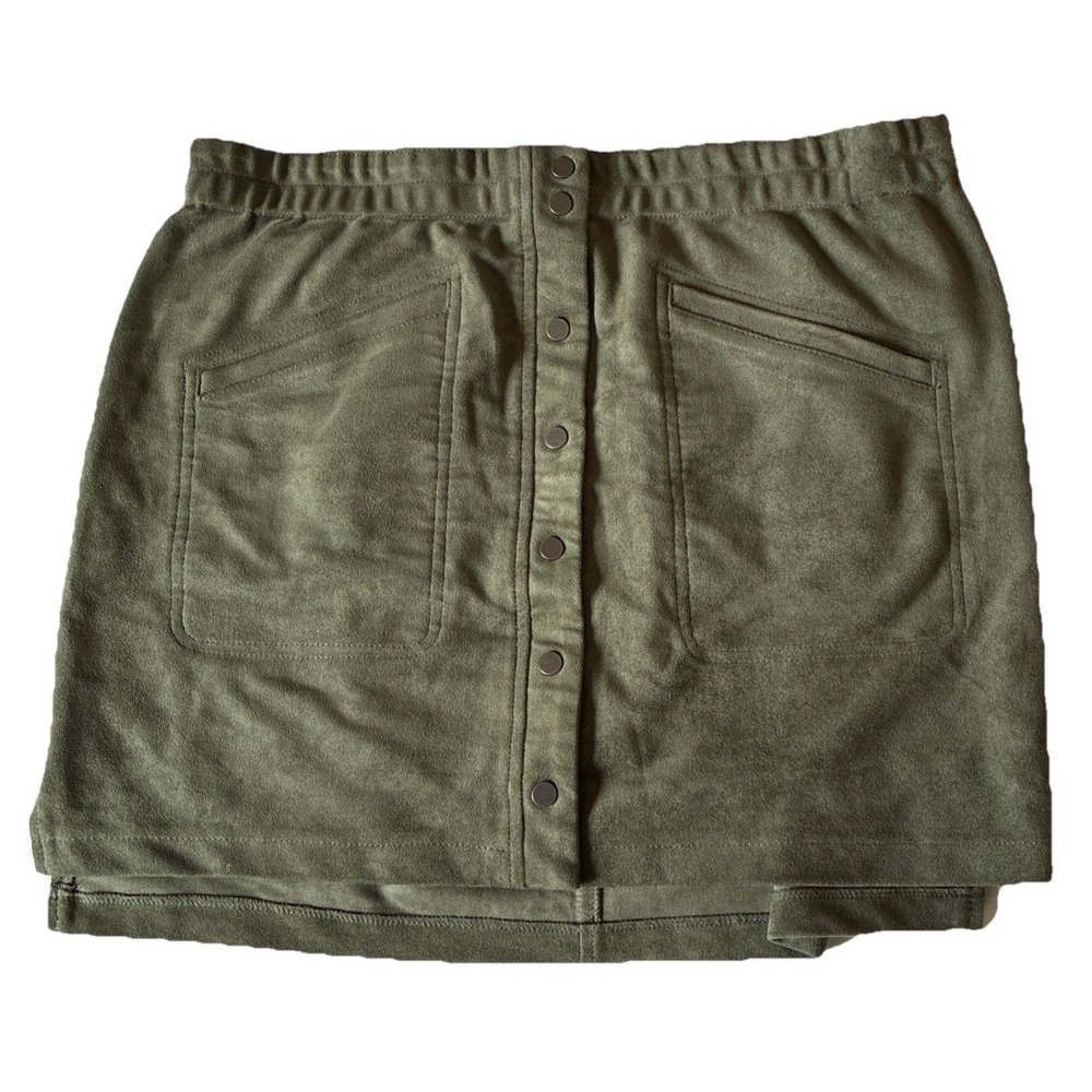 BCBGMAXAZRIA-Olive Green Mora Faux-Suede Pull On Miniskirt Skirt Sz L Boho Chic